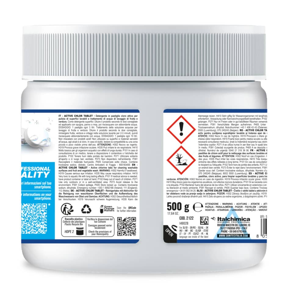 Detergente in pastiglie al cloro attivo Active Chlor Tablet Sanitec 500 g