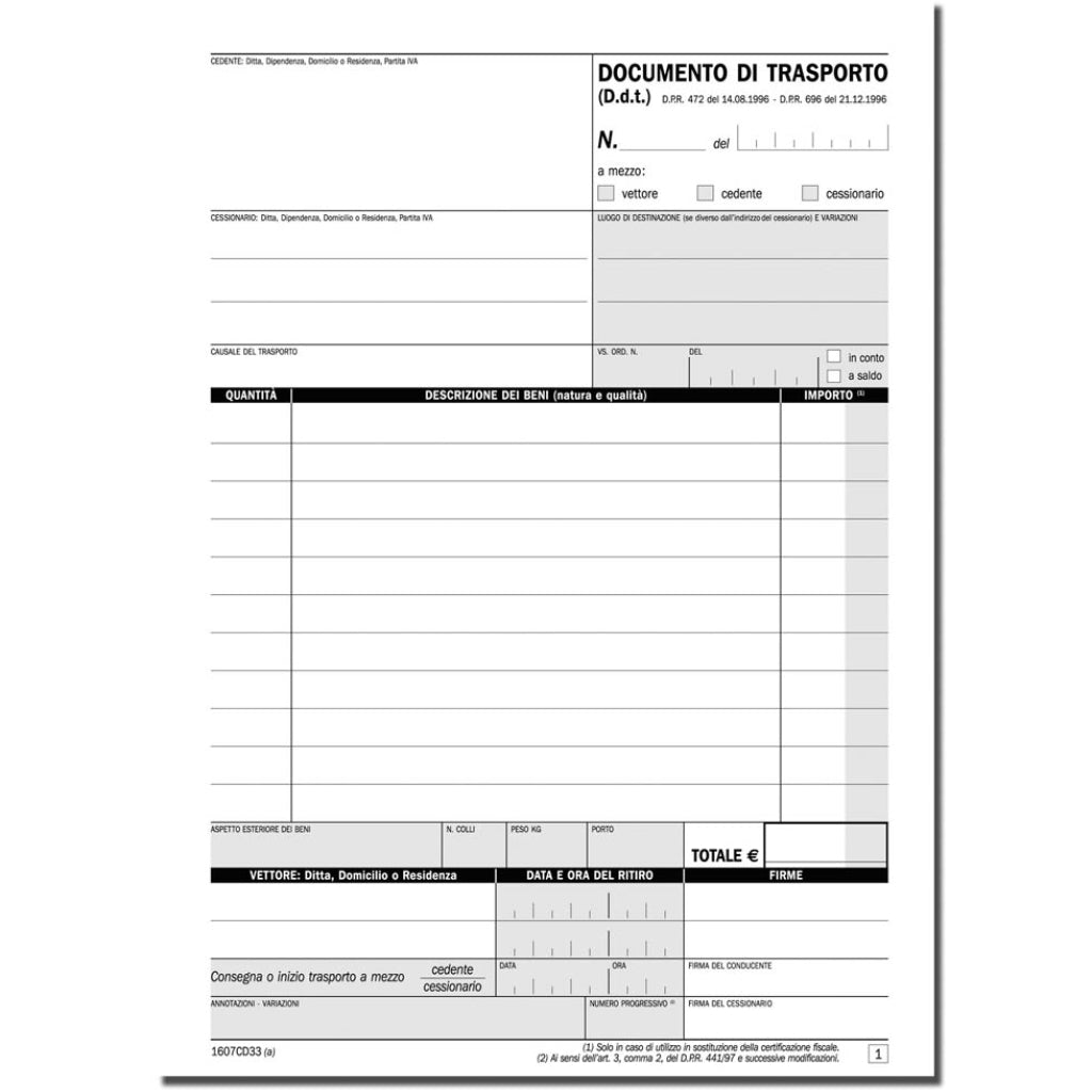 Blocco DDT Documento di Trasporto A5 - 33x3 Copie in Carta Chimica Autoricalcante