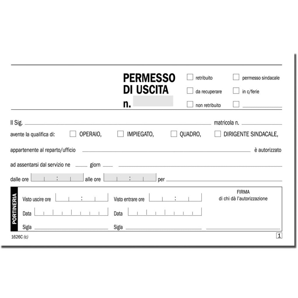 Blocco Permesso di Uscita 12x17 cm - 50x2 Copie in Carta Chimica Autoricalcante