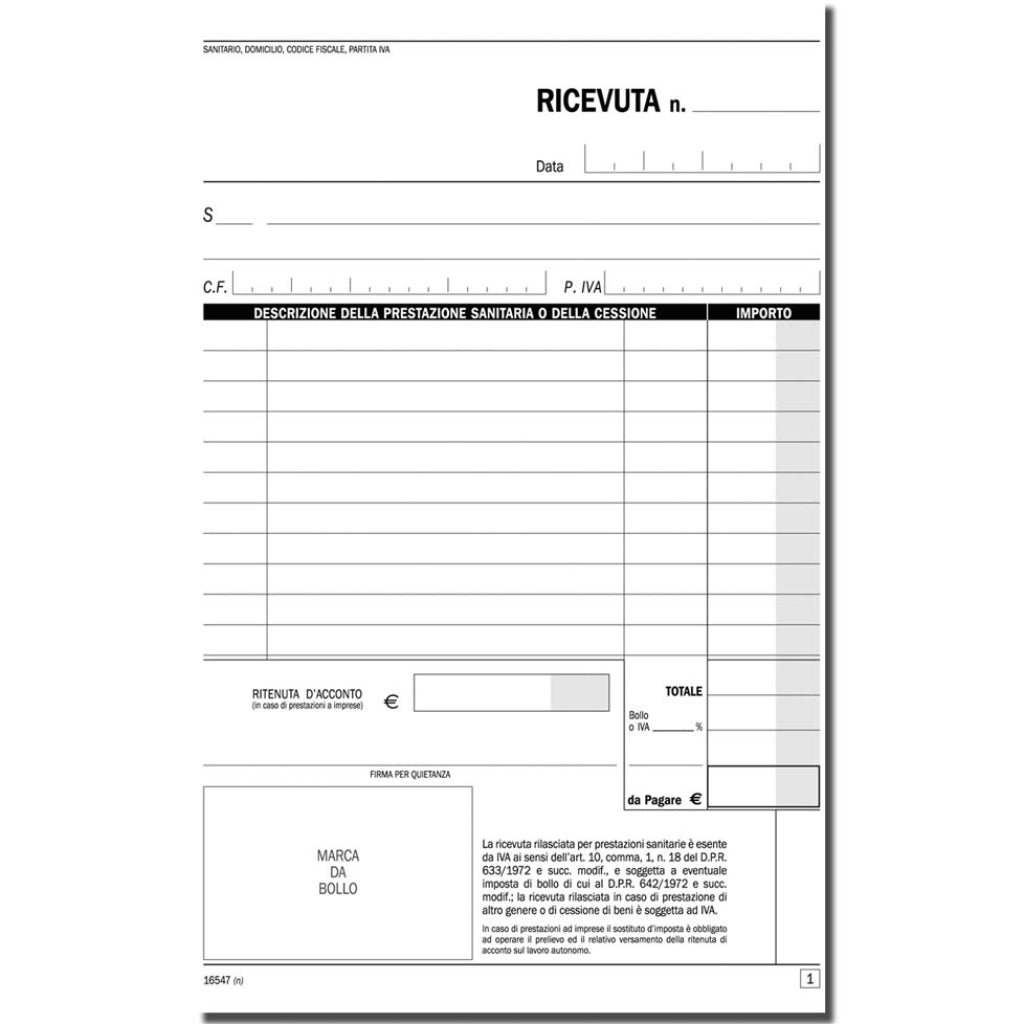 Blocco Ricevute Sanitarie A5 - 50x2 Copie in Carta Chimica Autoricalcante