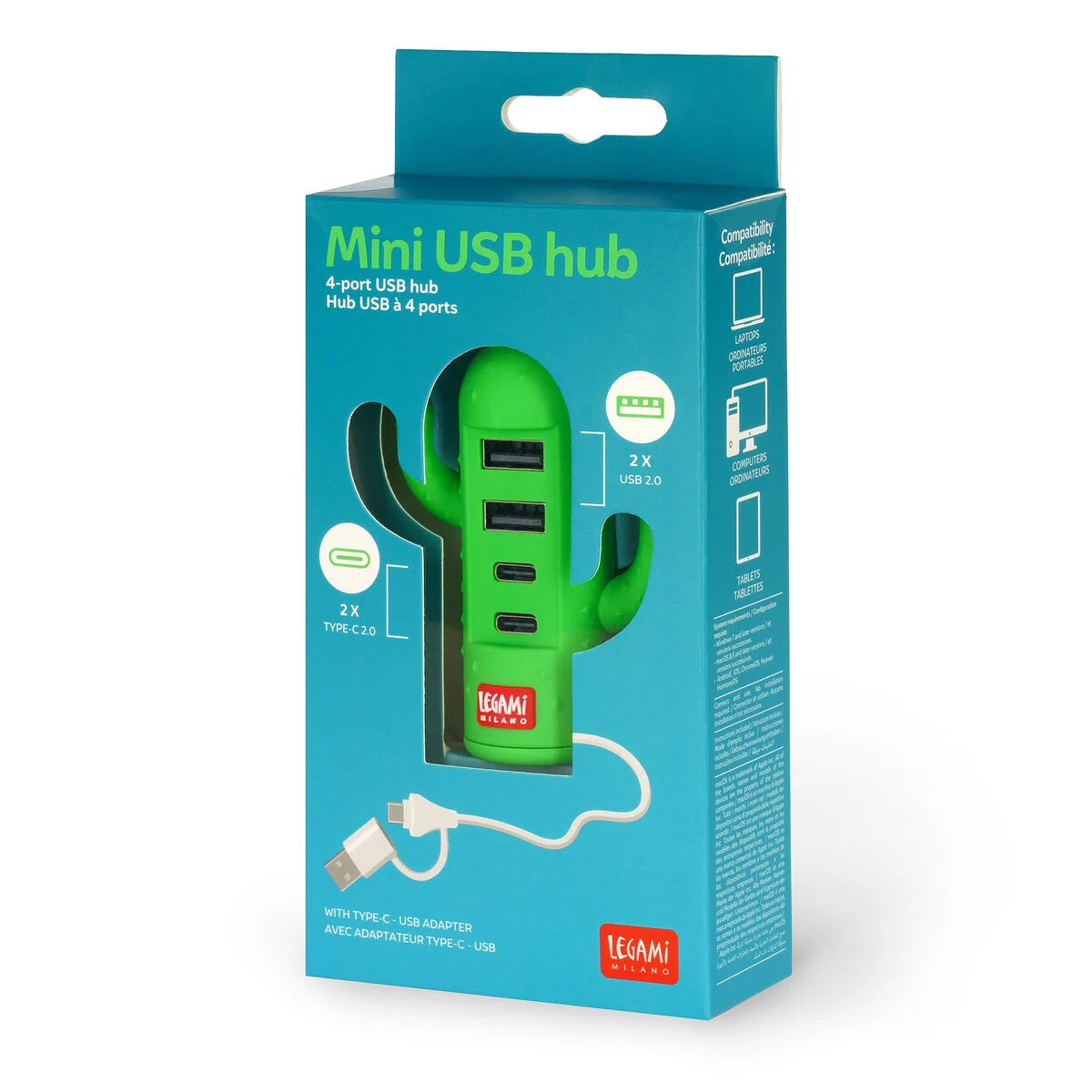 Mini Hub USB Legami a Tema Cactus – 4 Porte USB e Tipo-C - Office Line
